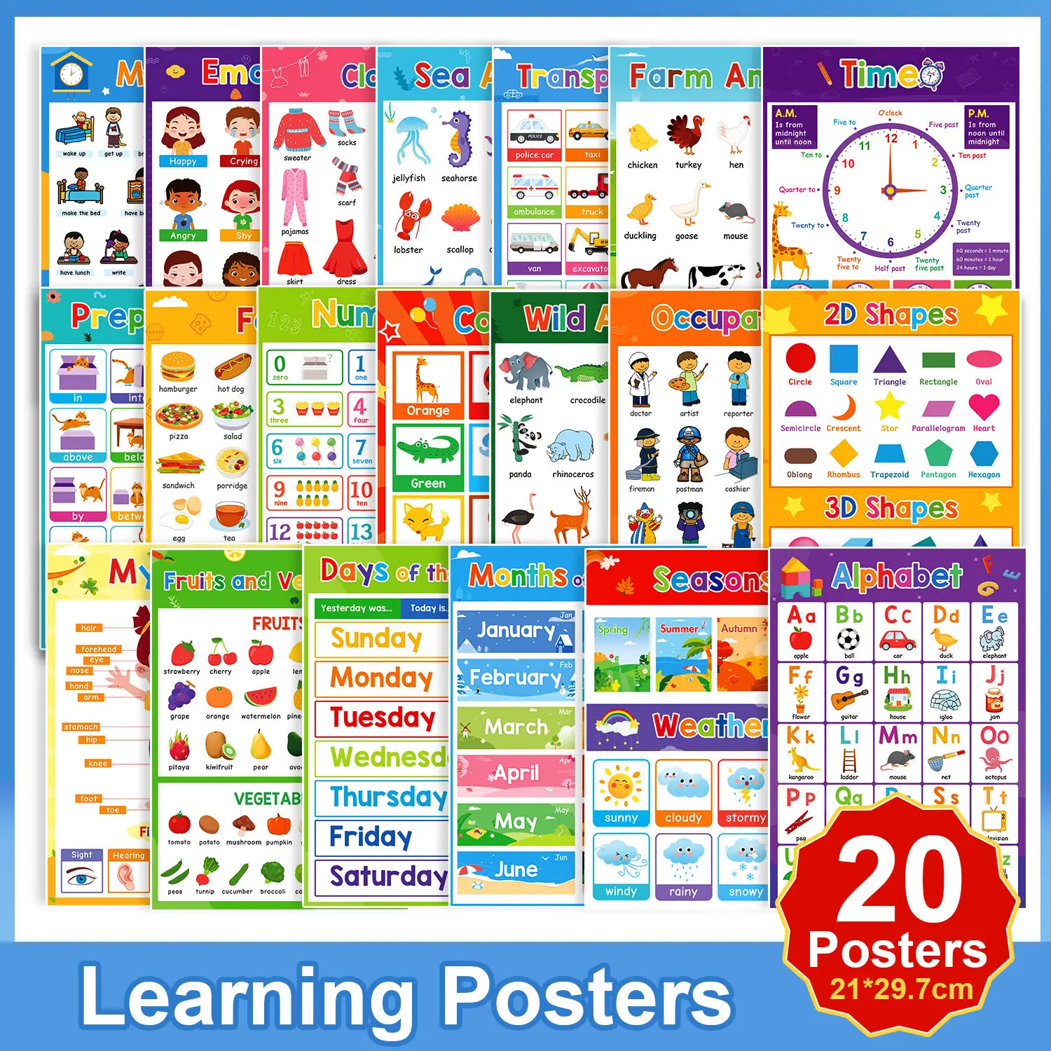 20 Thema 'S Kinderen Leren Engels Speelgoed School Klassikaal Educatief A4 Posters Decoratie Grote Kaarten Muursticker