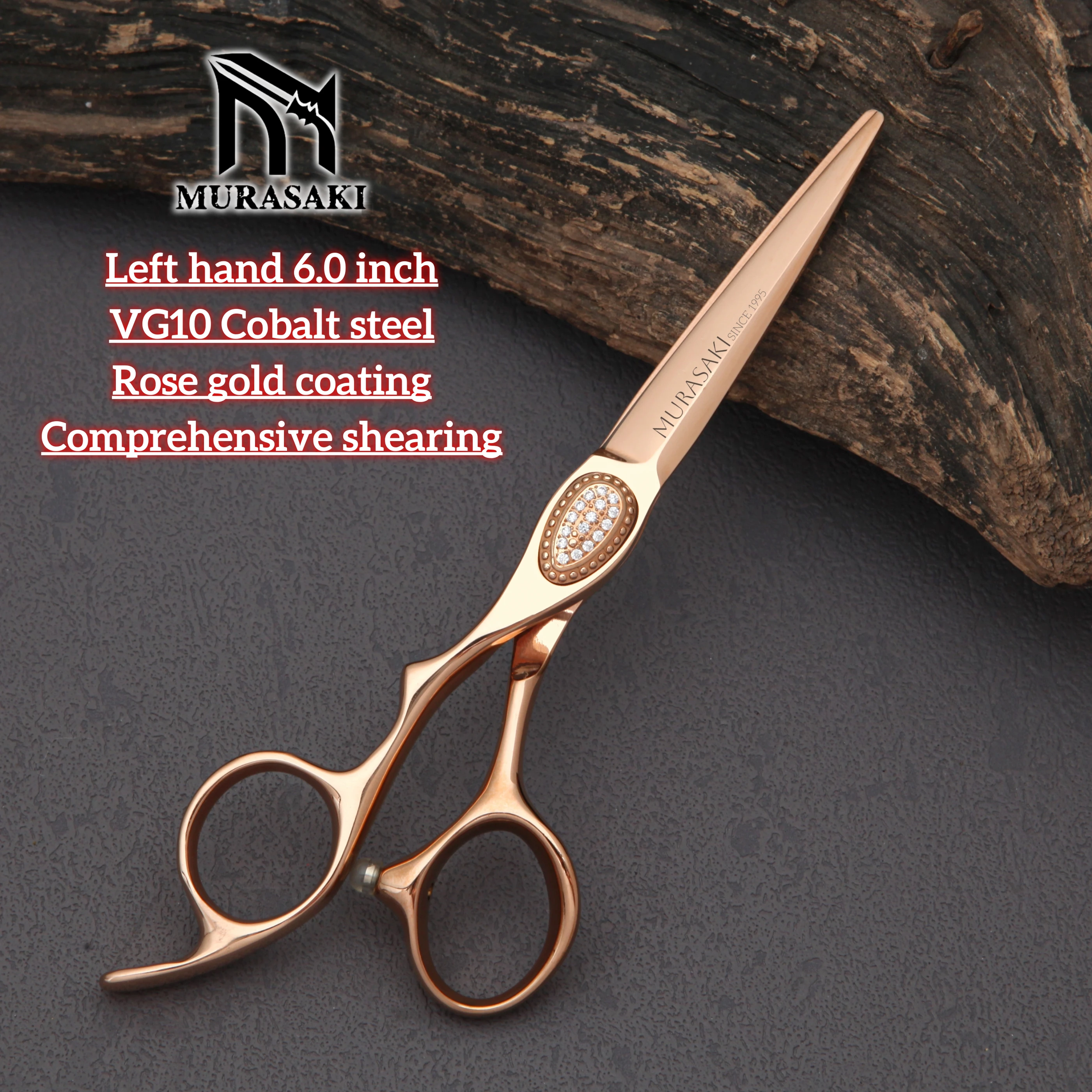 MURASAKI 전문가용 왼손 가위, 6.0-7.0인치 로즈 골드 코팅 이발사 가위, 최고급 VG10 강철 헤어 커팅 도구