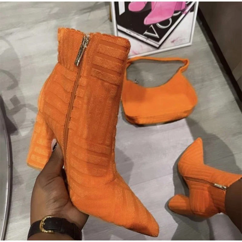 Vanessas women’s block heels stripe embossing pointed toe female shoes autumn ankle high heel boots