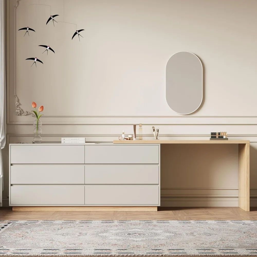 Modern Expandable L-Shaped Vanity Desk with 6 Drawers, Adjustable Computer Table for Home Office, Study, Writing, Gaming 3