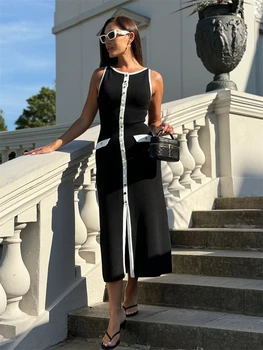 Tossy Knit Ribbed Cardigan Maxi Dress Female High Waist Slim Pocket Sleeveless Elegant Party Dress Women's Knitwear Long Dress 5