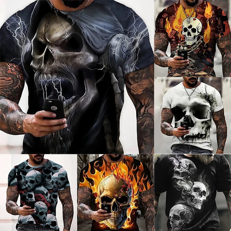 

2023 New Trend Men's Street Style Printed Skull Pattern Summer Casual Harajuku Retro Men's Y2K Top Fashion Short Sleeve T-Shirt