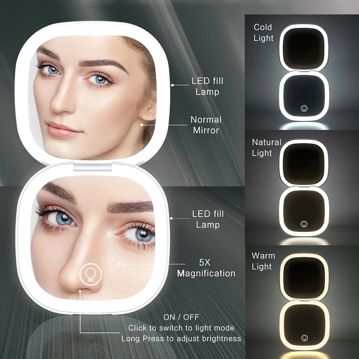 Mini Led Makeup Mirro With Light 5X Magnifying Glass Built-in 400mAh Battery Pocket size For Easy Carrying