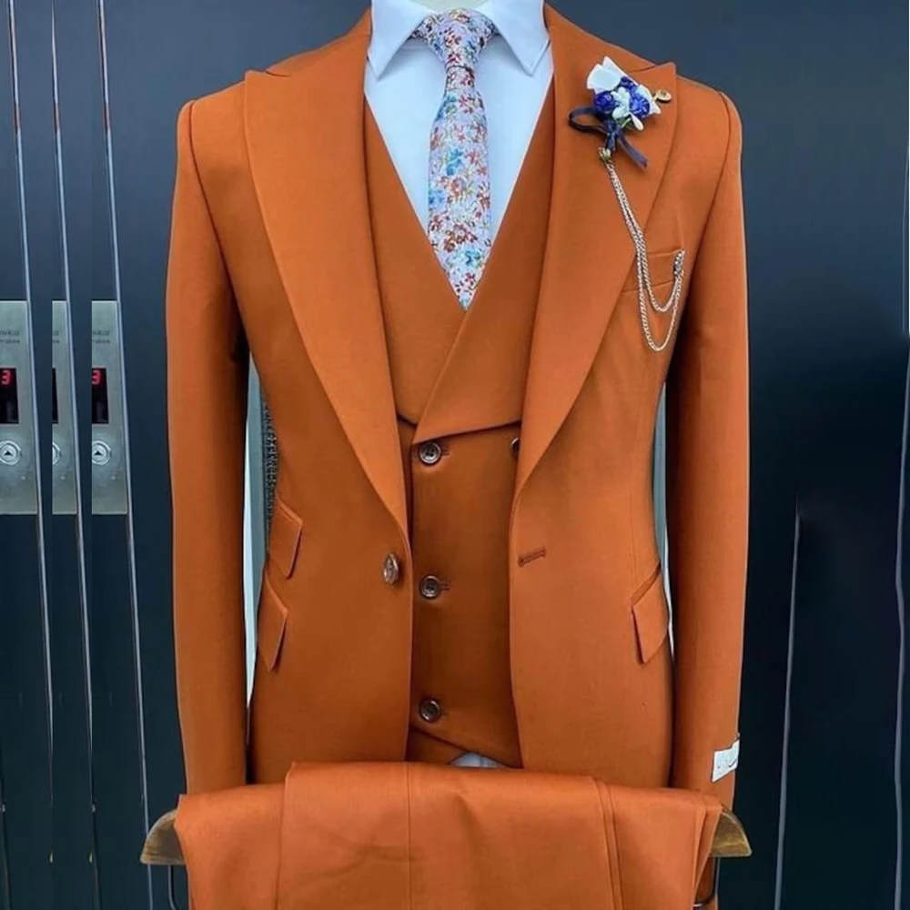 

Orange Single Breasted Peaked Lapel 3 Piece Jacket Pants Vest High Quality Outfits Blazer Masculino Elegant Wedding Men's Suits
