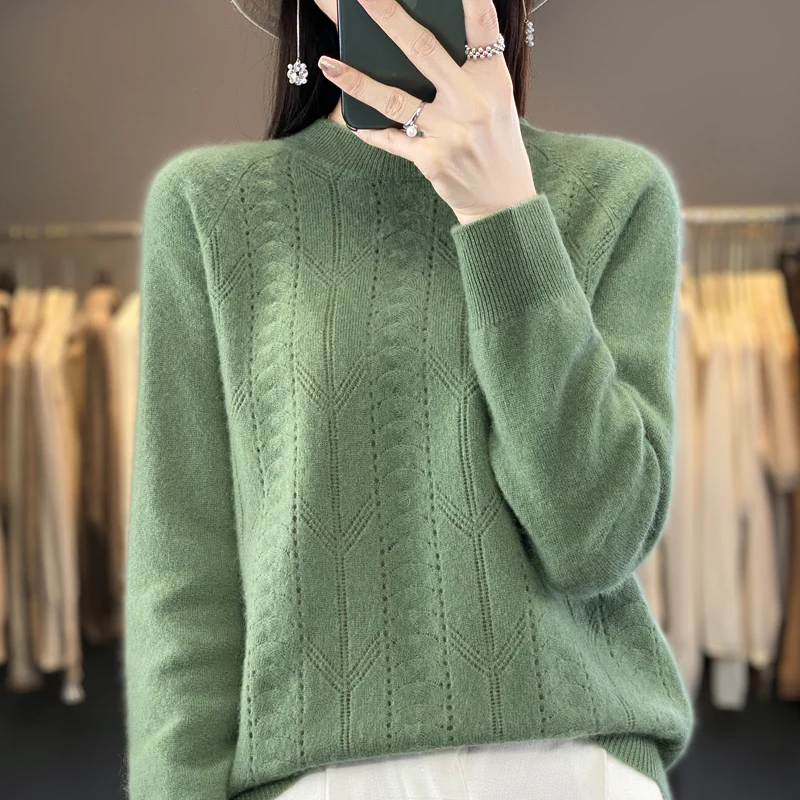 

New 100% Cashmere Sweater Women's Round Neck Pullover Hollow Out Long Sleeve Loose Cashmere Sweater Women's Autumn And Winter