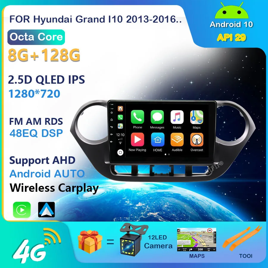 Автомагнитола на Android 10 для Hyundai I10 2013-2017 Авторадио Blu-Ray 1280*720 IPS/QLED мультимедийный