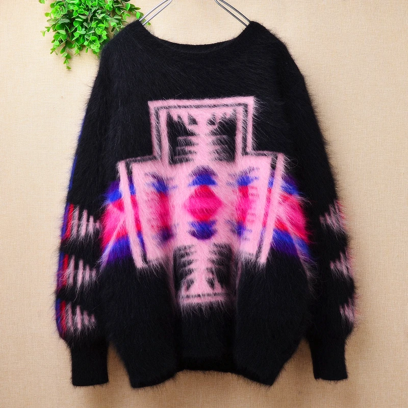 

Female Women Fall Winter Black Thick Warm Printing Hairy Mink Cashmere Knitted O-Neck Long Sleeves Loose Pullover Sweater Jumper