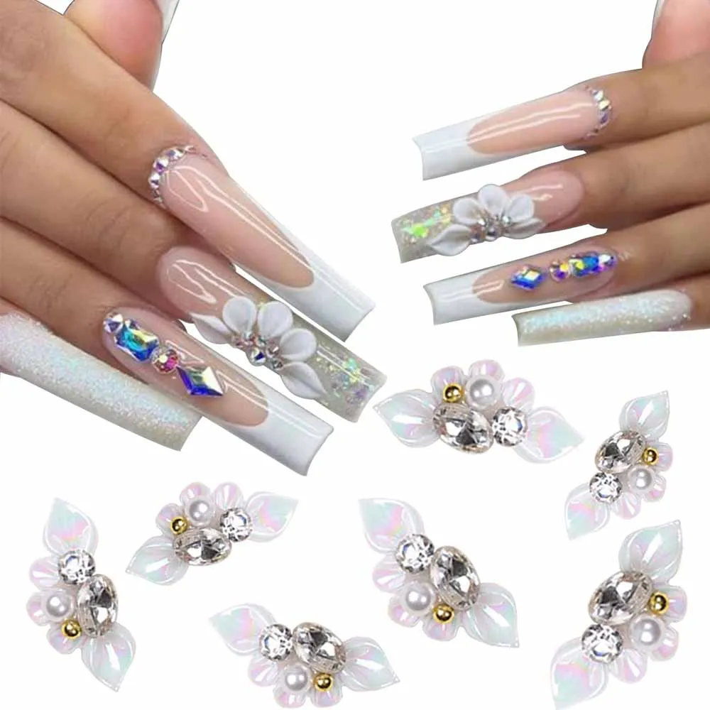 5Pcs Aurora Side Flower Nail Art Charms 3D Acrylic Flowers With Pearl Rhinestone Crystal Nail Art Decoration Nail DIY Accessorie