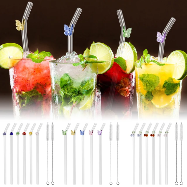 5/6Pcs Reusable Drinking Straws Clear Glass Drinking Staws with Cleaning  Brush Cute Butterfly Heat-Resistant