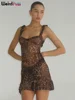 Weird Puss Leopard Print Dress Women See Through Lace V-Neck Sexy Sleeveless Skinny Summer Fashion Chic Ruffle Hem Mini Bodycon 1