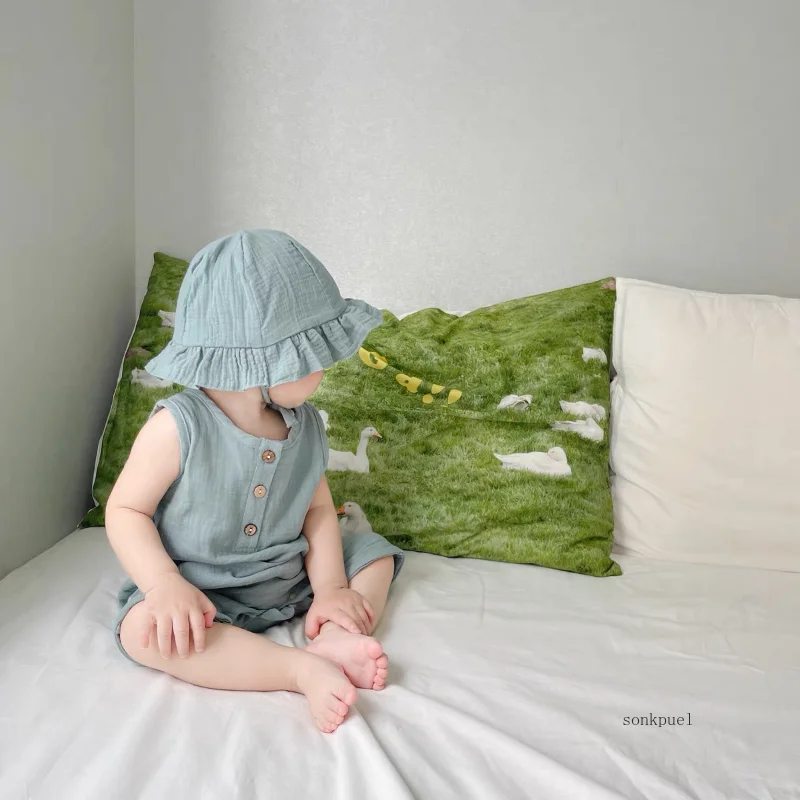 2Pcs/Set Baby Summer Clothing Solid Newborn Infant Romper With Hat Muslin Cotton Sleeveless Baby Boys Girls Jumpsuit Outfits 3