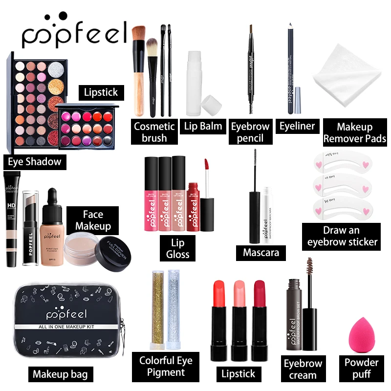 POPFEEL All-in-One Makeup Set for Beginners-Complete Cosmetics Kit with Eyeshadow Palette, Lip Gloss, Lipstick, Concealer, Fou