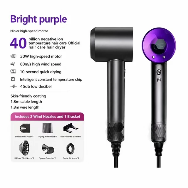 High Speed Negative Ion Hair Dryer Salon-Grade Smart Temp Control Blow Dryer with 5 Nozzles & Wall Bracket Home Styling Kit 5