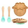 3Pcs Baby Bamboo Plate Silicone Suction Kids Wooden Feeding Tableware Non-slip Dinnerware Baby Tableware for Baby Birthday Gift 2