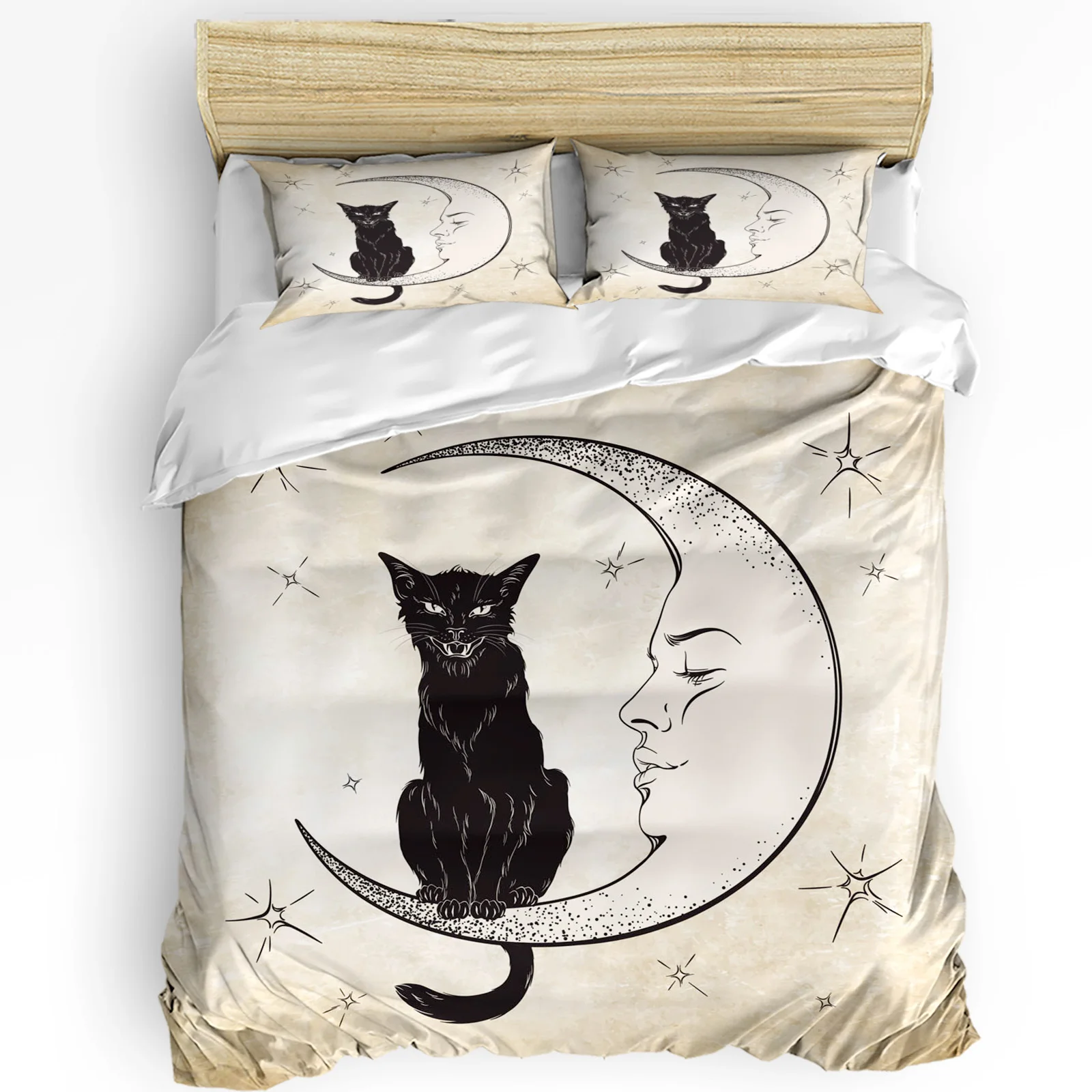

Animal Cat Moon Stars Retro 3pcs Duvet Cover Set with Pillow Case Double Comforter Bedding Set Quilt Cover Couple Bed