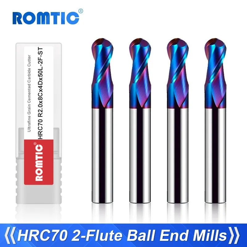 

ROMTIC HRC70 2-Flute Tungsten Steel Carbide Blue Nano-Coating Ball End Endmills CNC Machinery Machining Milling Cutter Tools
