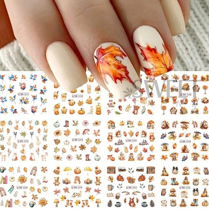 12 Designs Autumn Maple Leaf Squirrel Pumpkin Water Nail Stickers Fall Season Element Watermark Sliders DIY Manicure Decal Foils