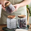 Vintage Square Embossed Glass Jar Acacia Wood Lid Sealed Jar Cylindrical Kitchen Storage Bottle Sugar Food Storage Container New 2