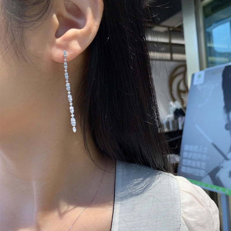 Aazuo 18K Pure Solid White Gold Real Diamonds 0.56ct Long Lines Stud Earrings Gifted For Women Wedding Birthday Party Au750