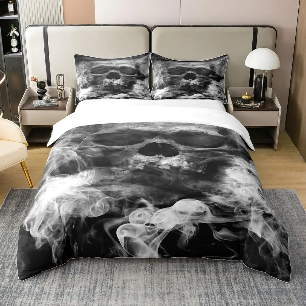 

100% organic cotton skull duvet cover king size bed, skull skeleton bed set with 2 pillowcases bedroom décor, smoke duvet cover