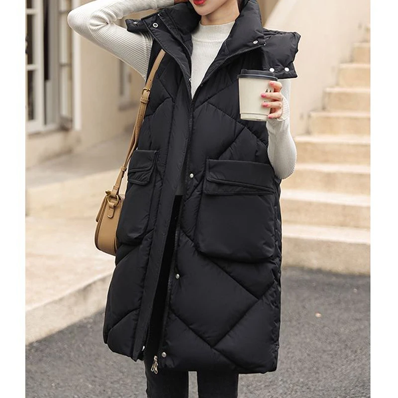 Autumn Winter Women Korean Fashion Sleeveless Down Cotton Padded Vest Coat Casual Loose Zipper Hooded Jacket Mid Length Parkas