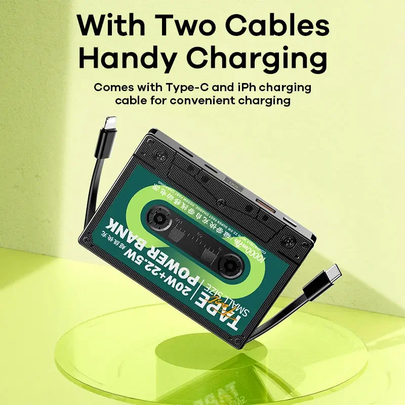 Tape Series 20W+22.5W PD Quick Charge Cabled Fast Charging Power Bank 10000mAh Retro Design Power Bank with Dual Wires