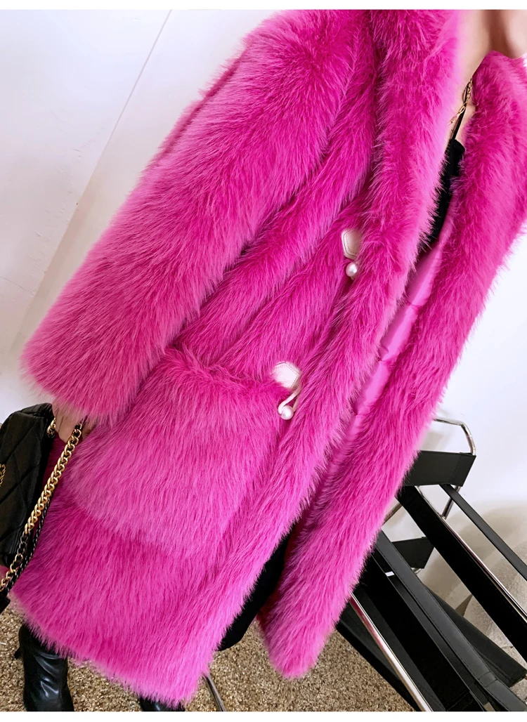 Loose Rose Red Faux Fur Suit Hooded Long Coat Warm High Street Women's Lamb Fur Pocket Cotton Padded Thickened Furry Mid Jacket