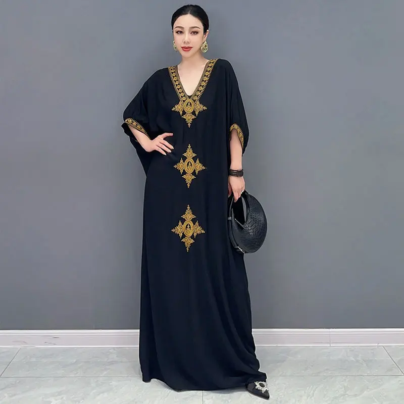

Women's Vintage Loose Dress, Middle East gold embellished Dress Half Sleeve V-Neck Oversize