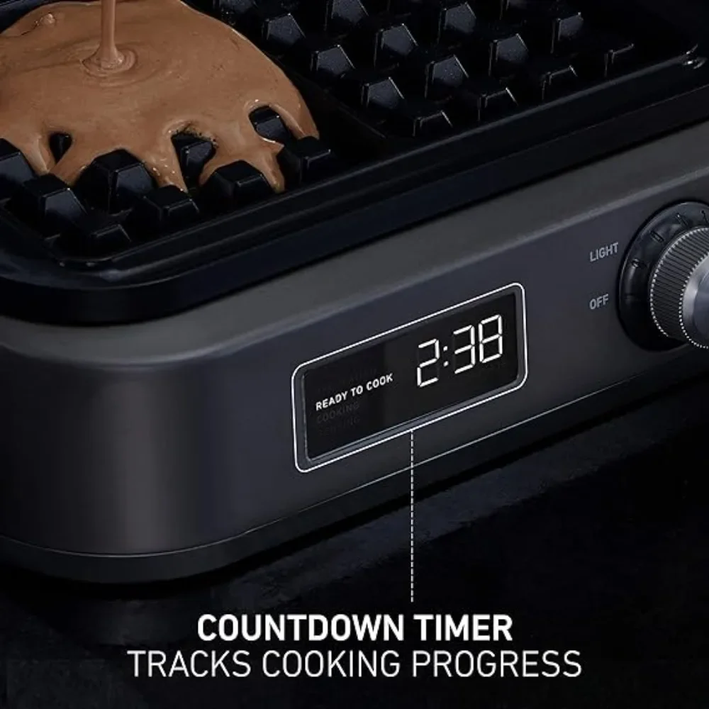 

New Intellicrisp Belgian Waffle Maker with LED Display Timer and Ceramic Cooking Plates, Makes 2 Waffles, Dark Stainless Steel