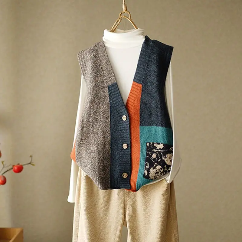 pearl diary autumn new assorted colors plaid knitting waistcoat korean fashion o neck pullover top women loose thin sleeveless 2023 New Knitting V-neck Sleeveless Femme Tops Autumn Winter Thin Casual Vintage V-neck Vests Buttons Loose Women's Clothing