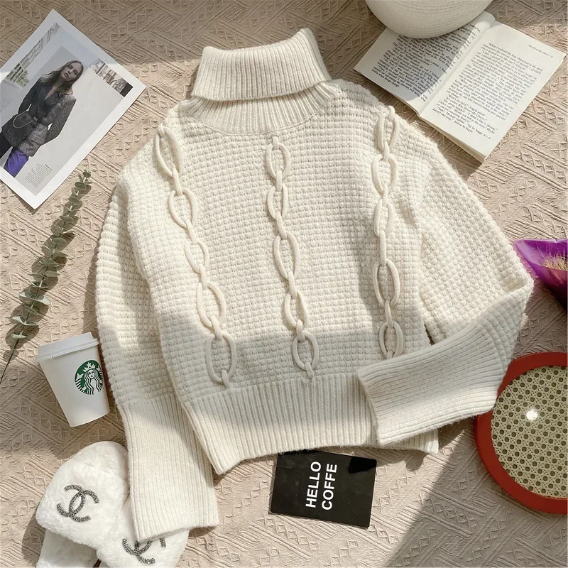 

3D Crochet Chain Wool Turtleneck Sweater Spring Autumn High Quality Wool Cashmere Knit Pullover Women Knitwear Soft Runway