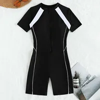Female Summer One-piece Solid Color Patchwork Flat Angle Short Sleeved Zippered Swimsuit Sun Protection Quick-Drying Swimwear - Image 4