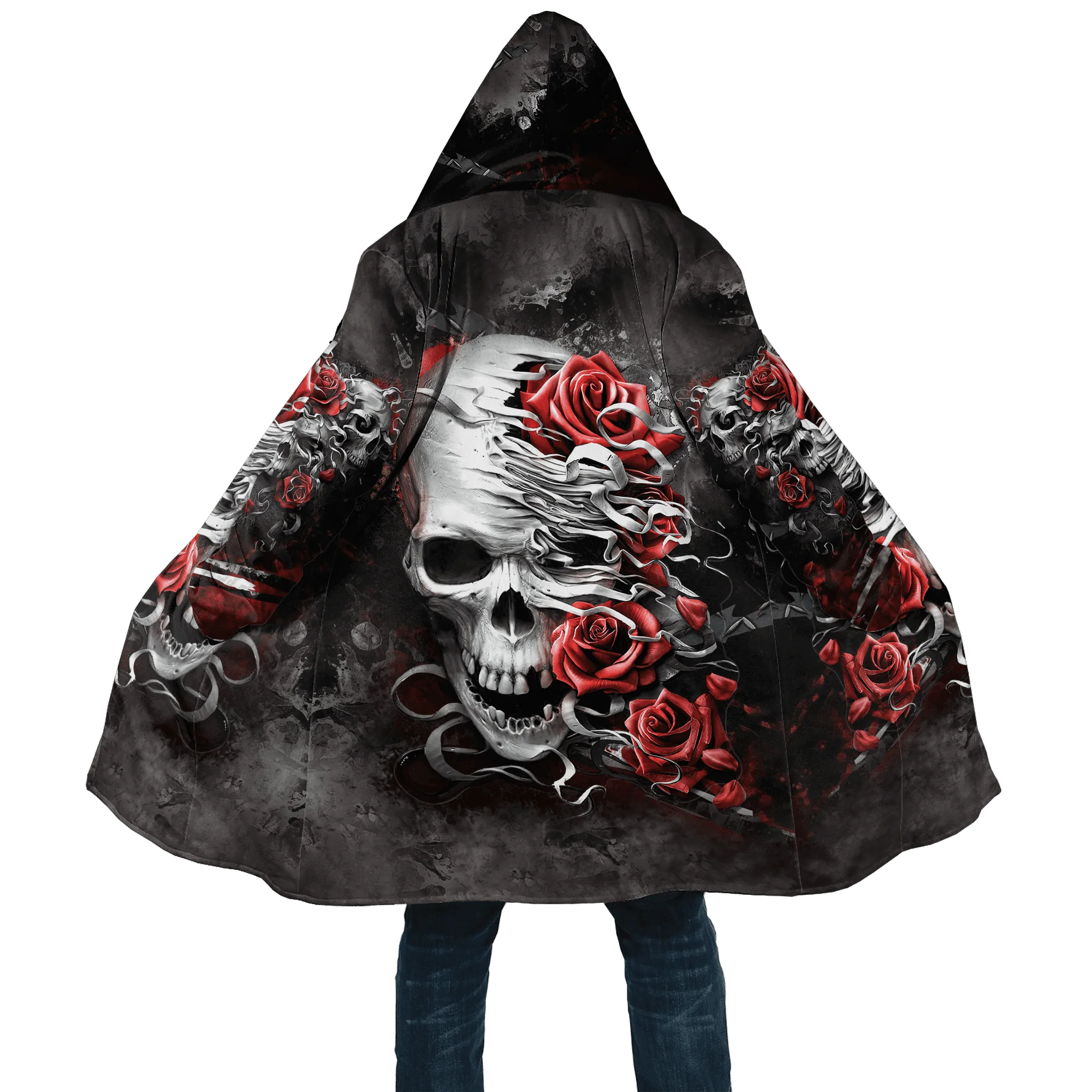 PLstar Cosmos Herren-Umhang, Totenkopf, Teufel, Tattoo, 3D-Allover-bedruckter Fleece-Kapuzenumhang, Unisex, lässig, dick, warm, Umhang, Mantel PF71 – Detail 13