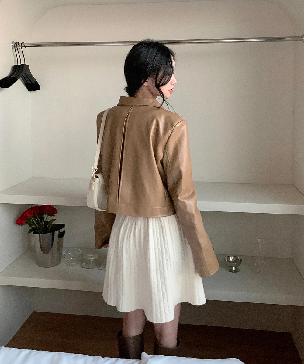 Korean Fashion Two-piece Set Women Pullover Turn-down Collar Crop Top Mini Skirt Solid Casual Suit Autumn New Knitwear Outfits