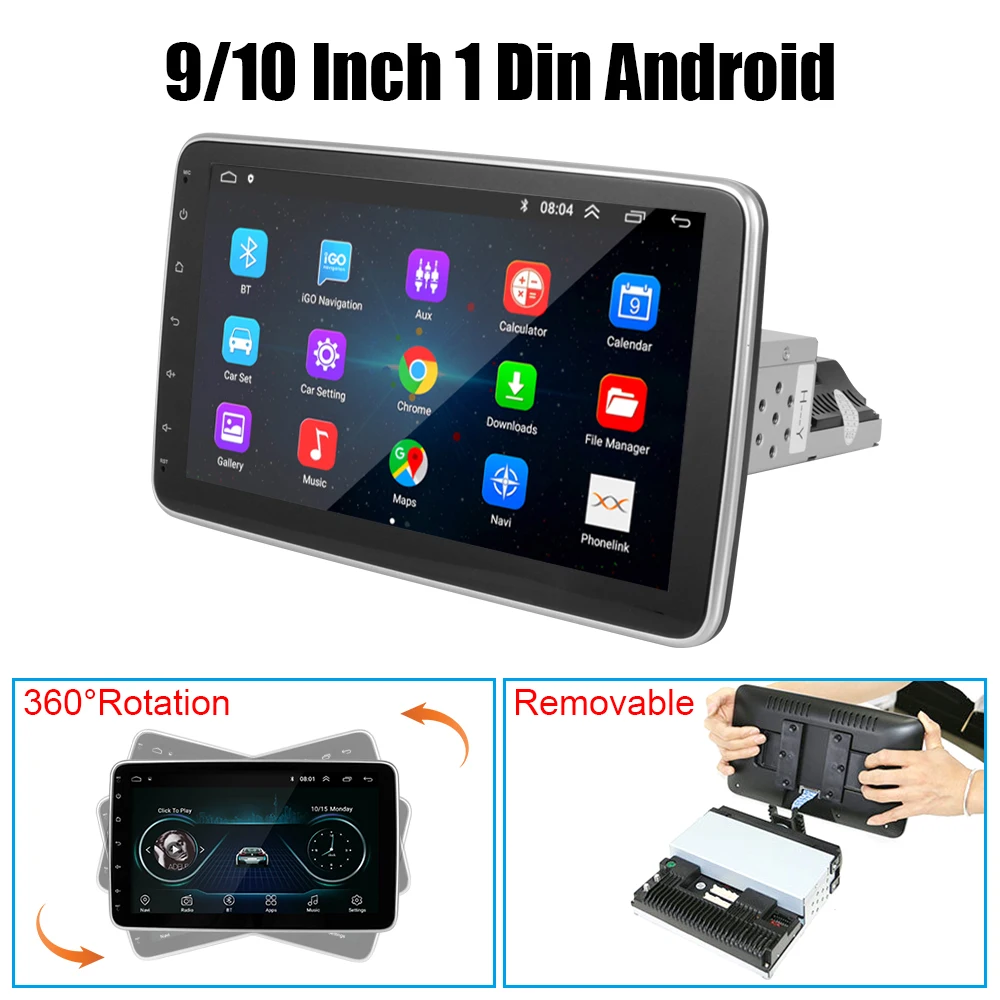 

9/10 Inch Multimedia Player Rotatable Touch Screen Hands-free Bluetooth FM GPS Stereo Receiver 1 Din Car Radio Android 9.1