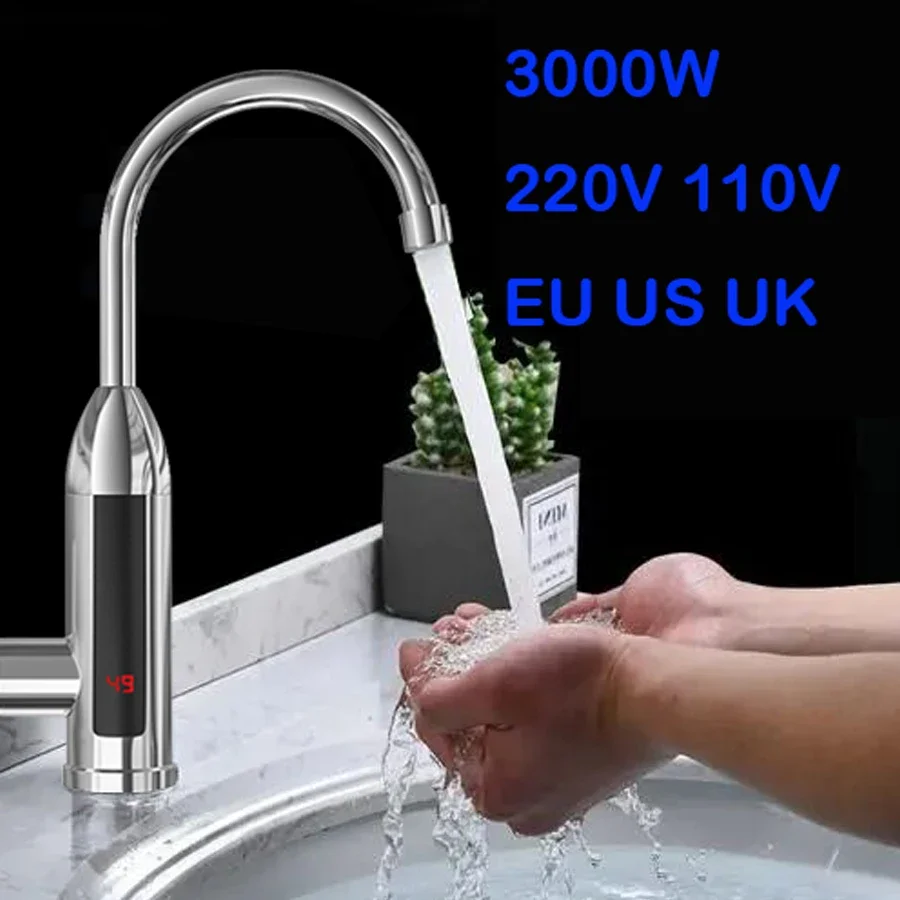 

3000W 220V 110V EU Plug Electric Water Heater Instant Hot Water Faucet Heater LCD Display 360-Degree Adjustable Taps Kitchen Sup