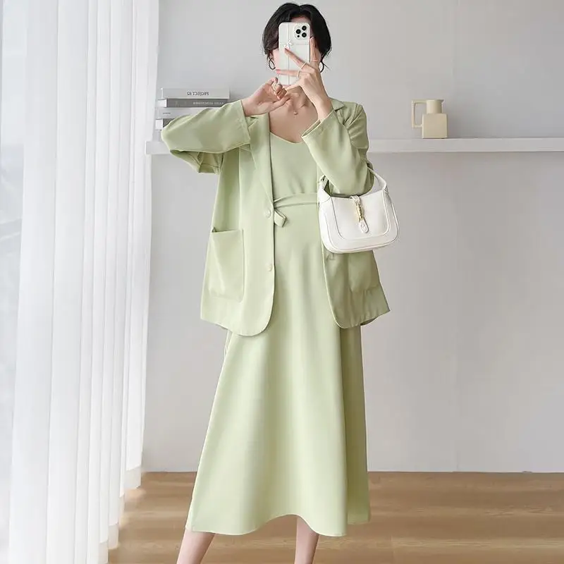 Autumn Pregnant Women's 2pcs Suits Set Office Lady Elegant Clothes Set Long Sleeve Blazers Strap Dress Twinset Green Yellow