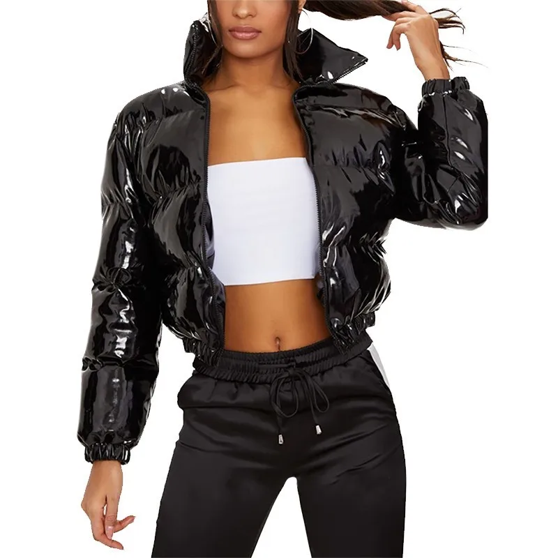 Black Puffer Jackets Winter Fashion Casual Cropped Parka Coat Winter Women PU Leather Jacket Women Puffer Cotton Coats Parkas