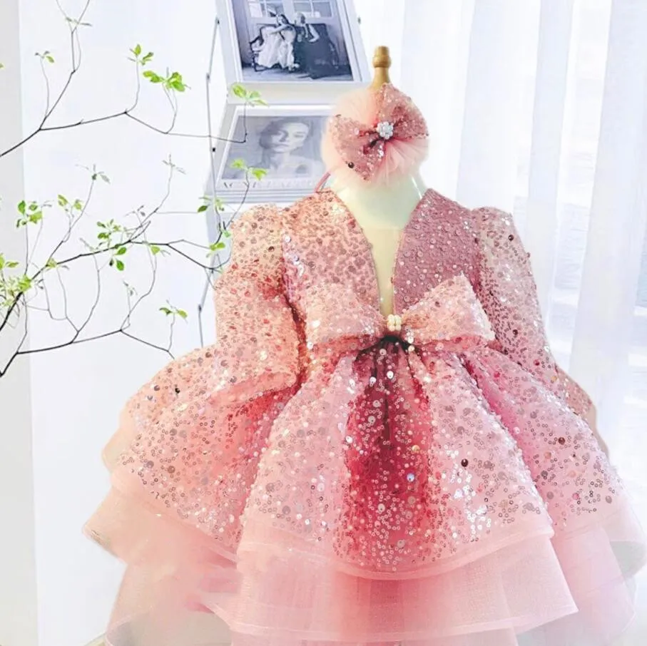 

Pink Kids Bridesmaid Dress for Wedding Long Sleeve Sequins Tulle A Line Gown Baby Girl Birthday Party Gowns with Headpiece