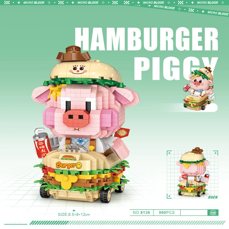 

Funny CARTOON Food Pig Image Micro Diamond Building Block Hamburger Piggy Nanobricks Educational Toys For Children Gifts