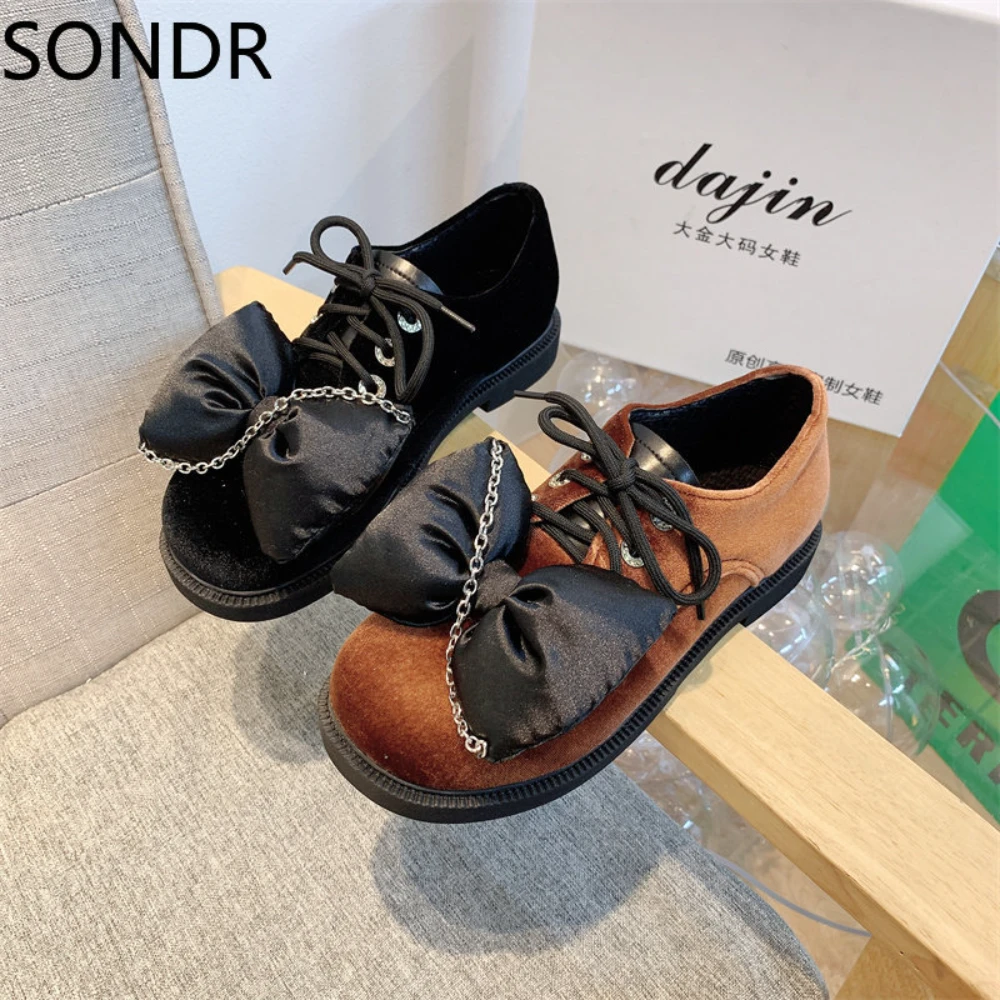 Zapatos de terciopelo con plataforma y lazo para mujer, calzado punta cuadrada, tacón alto grueso, con cordones, Oxford, JK, novedad de 2022| | - AliExpress