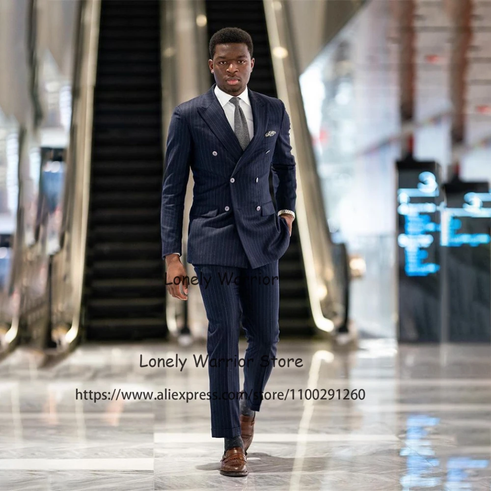 

Navy Blue Striped Men Suits Slim Fit Peak Lapel Business Blazer Double Breasted Wedding Groom Tuxedo 2 Piece Set Terno Masculino