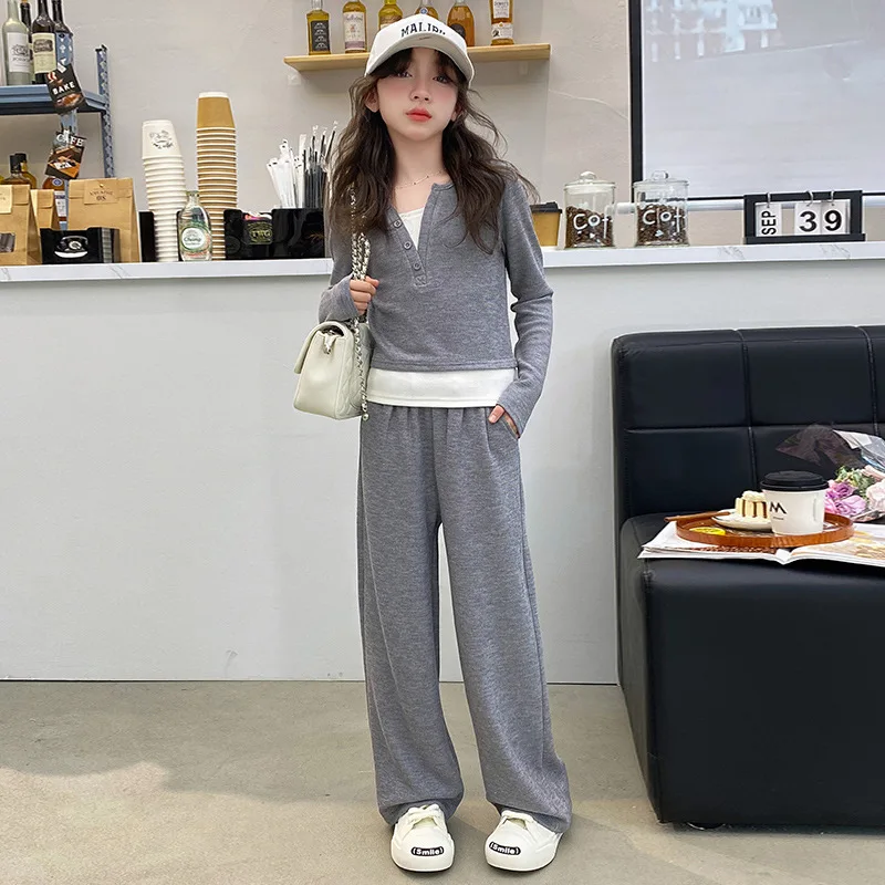 

Girls Suit 2024 Korean Style Spring New Fashion Leisure Sports Fake Two Pieces Long Sleeve Solid Color Simple Children Clothing