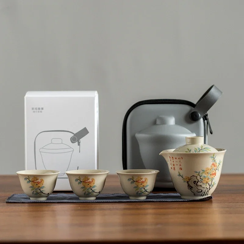 

Custom Travel Tea Set Home Office Ceramic Gaiwan Teacup Suit Portable Teaware with Tote Bag Chinese Tea Pot and Cup Set