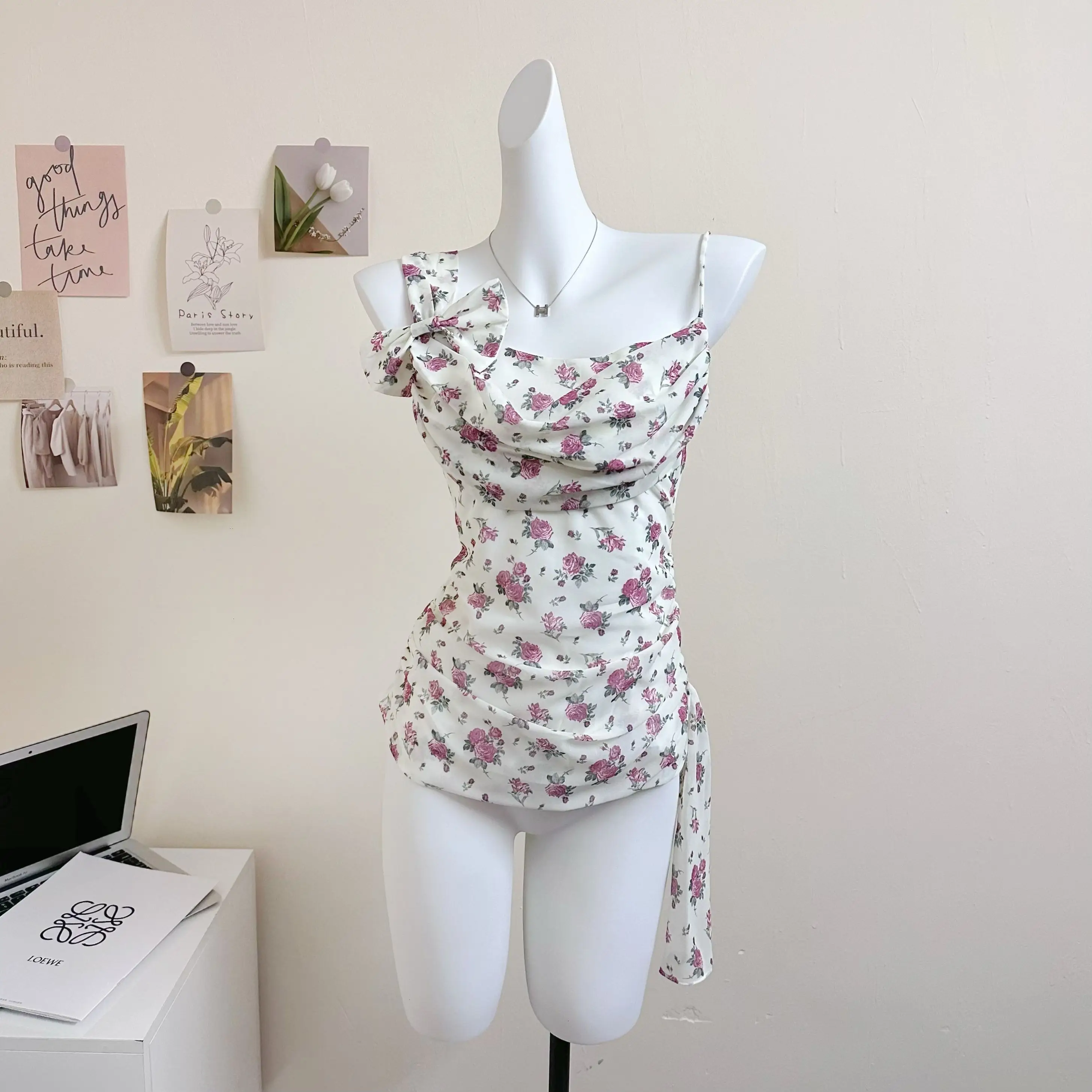 

Casual Camis Women Irregular Bow Floral Printed Summer Sexy Vintage Tank Tops Slim Ribbon Outwear Elegant Crop Top