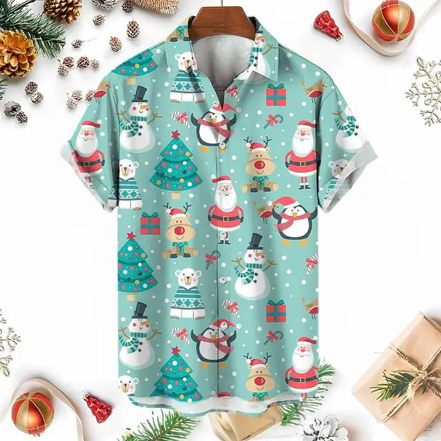 Xmas New Year Gingerbread Christmas Hawaiian Shirt Men's 3D Snowman Print Street Short Sleeved Loose Clothes For Women Clothing 4