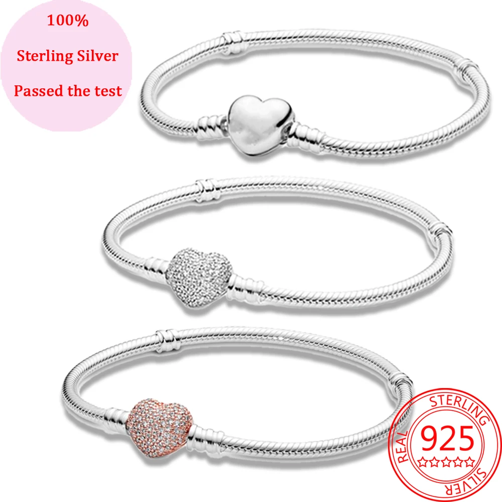 

Genuine S925 Sterling Silver Series Bracelet Heart Clasp Snake Chain Bracelet & Bangle Fit DIY Charm Boutique Fashion Jewelry