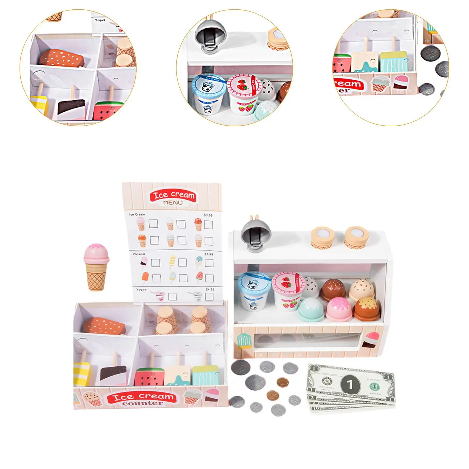Wooden Ice Cream Counter Playset Food Toys Set for Kids Preschool Girls Boys