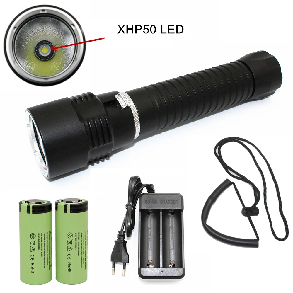 

XHP50 Diving Flashlight LED Underwater Dive Flashlight Waterproof Torch Hard Light Lamp + 26650 Battery + Charger