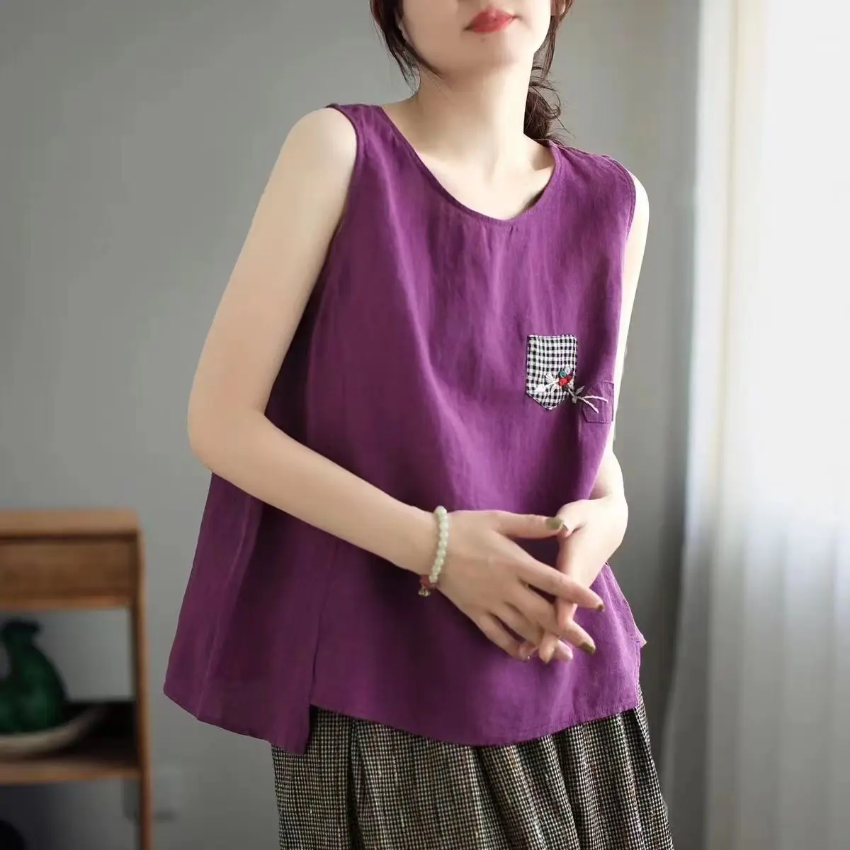 

Summer Womens Cotton And Linen Plaid Patch Vest Top